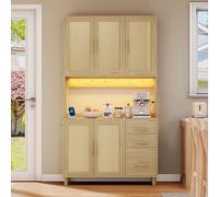 Buffet de Cuisine 183cm, 5 Portes et 3 tiroirs, lumières décoratives LED contrôlées par Application, 2 x USB, 2 x Prises, étagères réglables, idéal pour Les Cuisines et salles à Manger, Naturelle
