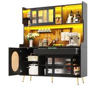 Buffet de cuisine,Armoire de rangement en MDF avec 4 portes & Panneau perforé,Bande LED Contrôle APP,145×39×171cm,Noir