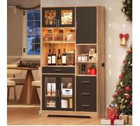 Buffet de cuisine, armoire haute rustique, meuble d'exposition avec éclairage LED et ports de recharge, armoire de rangement en bois