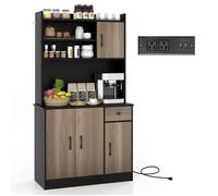 Buffet De Cuisine Avec 4 Etagères Réglables Costway, Station De Charge Intégrée, Armoire De Rangement Avec Trous Pour Câbles, Noir Multicolore