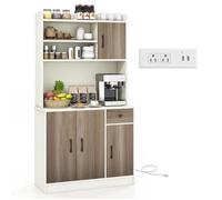 Buffet De Cuisine Avec 4 Etagères Réglables Costway, Station De Charge Intégrée, Armoire De Rangement Avec Trous Pour Câbles, Blanc Multicolore