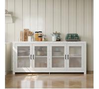 Buffet de Cuisine avec 4 Portes en Acrylique Transparent, Vaisselier-Meuble de Cuisine avec aspect Bois, 180 x 40.5 x 81cm, Blanc