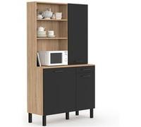 IDMarket - Buffet de Cuisine avec Colonne de Rangement 100 CM CINA 3 Portes + tiroir façon hêtre et Noir