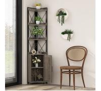 Buffet de Cuisine avec Porte COSTWAY, 4 Étagères Ouvertes et un Cabinet à 2 Niveaux, Étagère d'Angle pour Plantes et Bibliothèque