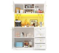 Buffet de Cuisine,Buffet haut cuisine avec 4 portes & 4 Tiroirs & Porte-gobelets,Bande LED Contrôle APP,120×40×188cm,Blanc