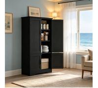 Buffet de Cuisine Cabinet de Rangement - 60x30x123cm - 4 Portes Canelées Multi-Rangement Style Moderne Chic - Noir