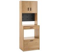 SoBuy Meuble Rangement Cuisine Haut avec Tiroir Niche Micro Ondes Panneau Perforé Style Chêne Vintage pour Cuisine Salon 60x170x40cm