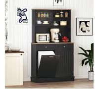 Buffet de Cuisine COSTWAY à Double Poubelle Inclinable 38L, Comptoir en Bois d'Hévéa, Étagères Réglables, Armoire de Rangement Noir