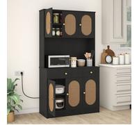 Buffet de Cuisine COSTWAY, Station de Recharge, 6 Portes en Rotin, 2 Tiroirs, 4 Étagères Réglables, pour Salon Salle à Manger, Noir