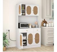 Buffet de Cuisine COSTWAY, Station de Recharge, 6 Portes en Rotin, 2 Tiroirs, 4 Étagères Réglables, pour Salon Salle à Manger,Blanc