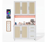 Buffet de cuisine de 183 cm avec lumières décoratives LED contrôlées par application, 2 ports USB, 2 prises, étagères réglables, 3 tiroirs, poignées en métal doré pour cuisine et salle à manger (blanc