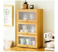 Buffet de cuisine en bambou à 3 niveaux avec portes coulissantes, armoire de rangement autonome pour bouteilles d'épices, plats et bols, noir, compact 42 x 50 cm