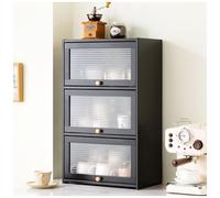 Buffet de cuisine en bambou à 3 niveaux avec portes coulissantes, armoire de rangement autonome pour bouteilles d'épices, plats et bols, noir, compact 42 x 50 cm