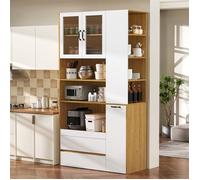 Buffet de Cuisine Haut - 100x40x200cm - Vaisselier Commode 4 Portes 2 Tiroirs Verre Cannelé Étagère Coulissante - Blanc et Bois
