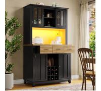 Buffet de cuisine haut 179,5 cm avec LED piloté par application, 4 portes, rangement ouvert, range-bouteilles 9,MDF noir