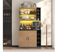Buffet de Cuisine Haut Bar à Café Armoire de Rangement avec LED Portes Vitrées Étagères Réglables Gris et Naturel 100x47x187cm