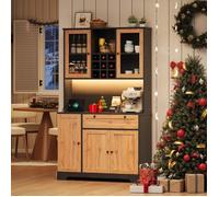 Buffet de Cuisine Haute 180cm Meuble de Rangement avec Éclairage LED, Prises Intégrées et Étagères Réglables - Noir et Bois Naturel