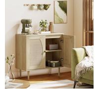 Buffet de cuisine meuble de rangement double portes avec 2 niveaux, façade en cannage 80 x 38 x 79 cm effet bois naturel