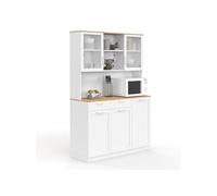 IDMARKET Buffet de cuisine vitré 120 cm VITO 5 portes + 1 tiroir blanc et plateau façon hêtre