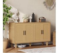 Buffet de Rangement 140x40x80 cm - Scandinave - Bahut 4 Portes en Rotin Tissé - Pieds Bois et Poignées Noires - Chêne
