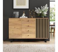 Buffet De Rangement Avec 4 Tiroirs Et 2 Portes, Meuble À Rangement À Lattes Ajourées, Structure Cinq Niveaux, Meuble Avec Pieds Massifs, Adapté Au Salon Et À La Salle À Manger (Noir + Naturel)