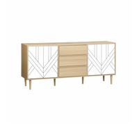 Buffet de rangement décor bois et blanc - Mika - 2 niveaux. 2 portes. 3 tiroirs. buffet bas. L 160 x l 40 x H 74cm
