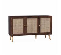 Buffet de rangement en cannage bois foncé 120x39x70cm - Bohème - 2 niveaux. 3 portes. pieds scandinaves
