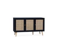 Buffet de rangement en cannage. noir 120x39x70cm - Bohème - 2 niveaux. 3 portes. pieds scandinaves