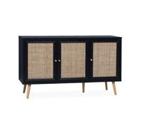 Buffet de rangement en cannage. noir 120x39x70cm - Bohème - 2 niveaux. 3 portes. pieds scandinaves