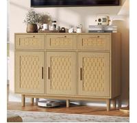 Buffet de rangement en rotin, LUMINARIX, 3 tiroirs, 3 portes, meuble de rangement pour salon, couleur chêne,MDF,107.9 x 40 x 80 cm