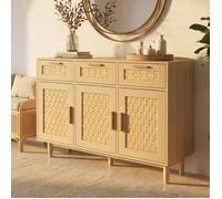 Buffet de rangement en rotin, Sorvaglos, 3 tiroirs, 3 portes, meuble de rangement pour salon, couleur chêne,MDF,107.9 x 40 x 80 cm