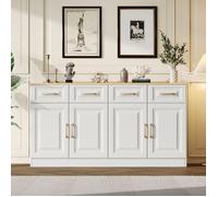 Buffet de rangement style ferme moderne - 140x40x75 cm - Blanc+Chêne - 4 tiroirs - 4 portes de grange
