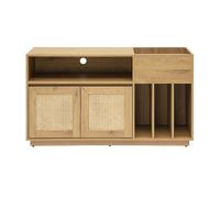 Buffet de rangement vinyles finition bois clair chêne et cannage rotin L130 cm ALICANTE