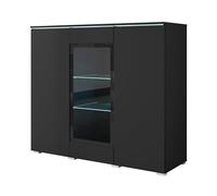 Buffet de Salon 120 cm avec Vitrine en Verre, Système Push-to-Open, Étagères Réglables et Éclairage Optionnel - Meuble de Rangement Moderne et Élégant (Noir, avec LED)