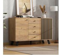 Buffet de salon 120x38x75cm, Buffet bas avec 2 portes 4 tiroirs, Buffet industriel 120 cm, avec 5 pieds en bois massif, Rangement
