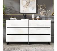 Buffet de salon, 140x39.5x78.5 cm, Buffet bas avec 6 tiroirs, Vanité haute brillance, Pieds en métal, Commode moderne, Blanc+Noir