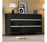 Buffet de salon, 140x39.5x78.5 cm, Buffet bas moderne, Commode avec 6 tiroirs, Vanité haute brillance, Pieds en métal, Noir+Blanc