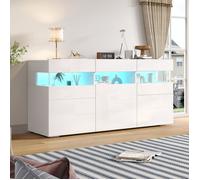 Buffet de Salon 140X40X66 cm - Commode de Rangement à 3 portes - Meuble de Salon avec LED - Armoire à 7 Compartiments - Blanc