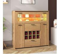 Buffet de salon - 3 portes - 2 tiroirs - Étagère en verre - Casier à vin - LED 16 couleurs