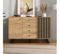 Buffet de salon, 4 tiroirs 2 portes, commode, meuble de rangement, meuble de salle à manger, pieds en bois massif, Couleur du bois