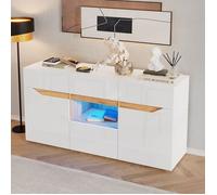 Buffet de salon, 4 tiroirs et 2 portes avec compartiment ouvert, High Gloss Sofa Sideboard with LED Lighting, 140*40*70cm，blanc