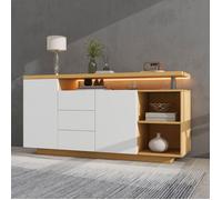 Buffet de salon à 3 tiroirs et 2 portes-LED--buffet bas Chêne blanc et clair-Panneau de particules-HAUSS SPOLE
