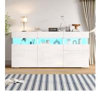 Buffet de salon, Buffet 3 portes, Buffet moderne, avec lumineuse LED, 7 compartiments de rangement, 140x40.5x66.5 cm, Bahut blanc