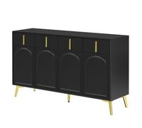 Buffet de salon multifonction avec quatre éléments d'armoire, espaces de rangement fermés, pieds en métal doré, construction robuste, jeu de formes harmonieux, lignes épurées (noir)