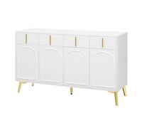 Buffet de salon multifonction avec quatre éléments d'armoire, espaces de rangement fermés, pieds en métal doré, construction robuste, jeu de formes harmonieuses, lignes épurées (blanc)