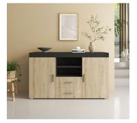 Buffet de Salon ROQUE 140x80x40 cm - Enfilade 2 Portes 2 Tiroirs - Coloris Noir et Chêne Sonoma - Rangement Séjour