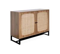sweeek Buffet rétro décor bois foncé et cannage buffet haut vaisselier 2 portes avec pieds en métal noir L100cm Naturel
