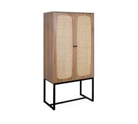 sweeek - Buffet rétro décor Bois foncé et cannage 2 Portes avec Pieds en métal Noir H165cm