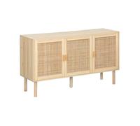 sweeek - Buffet 3 Portes et 3 étagères cannage et Effet Bois. Piètement et poignées en Bois de Sapin. Buffet Bas. L 120 x P 39 x H 70cm CAMARGUE