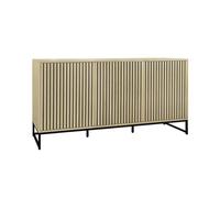 sweeek | Buffet style contemporain avec 3 portes effet bois rainuré ouverture par pression buffet bas piètement en métal noir L160cm Naturel G